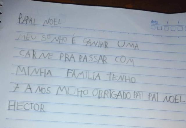 "Meu sonho é ganhar uma carne", diz menino em carta ao Papai Noel