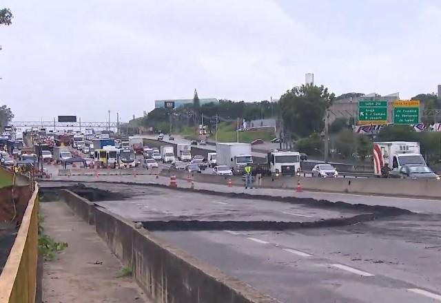 Faixas da Via Dutra afundam em Guarulhos, na Grande SP