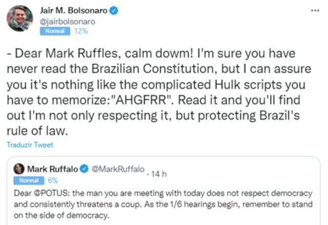 'Mark Ruffles': Bolsonaro zomba de ator após críticas no Twitter