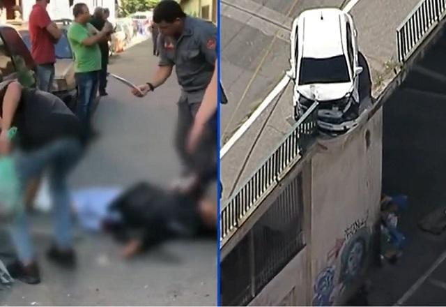 Carro bate em grade e grávida cai de viaduto no centro de SP