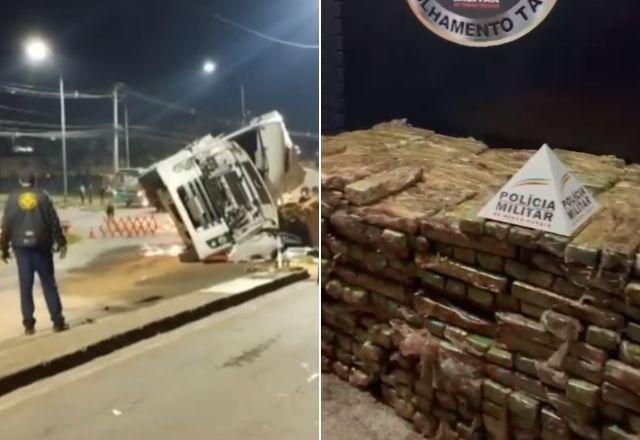 Caminhão com barras de maconha tomba em frente a bloqueio da PM