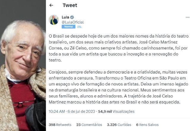 "Marcou a história das artes no Brasil", diz Lula, sobre Zé Celso